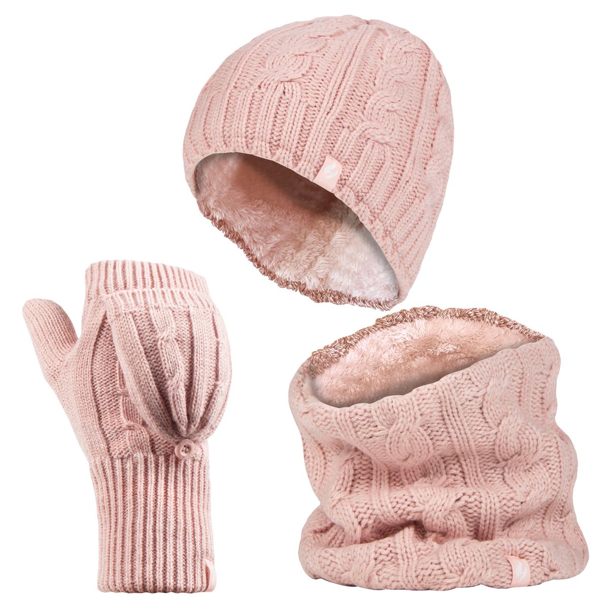 Heat Holders - Womens Thermal Winter Fleece Mütze, Halswärmer und Converter Handschuhe Set - Dusky Pink