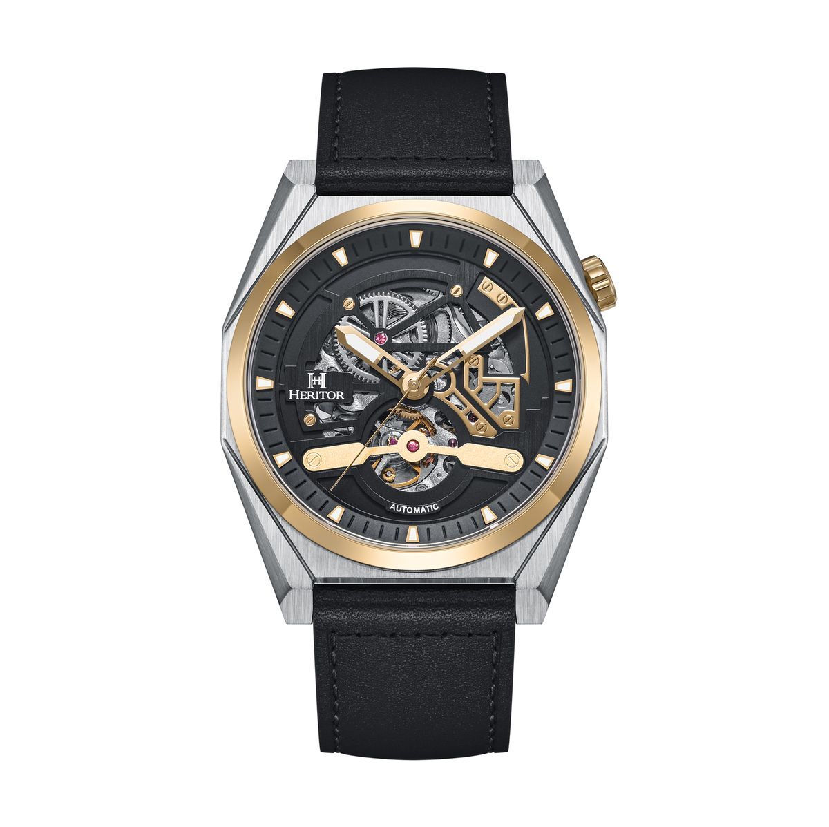 Automatikuhr mit Skelettzifferblatt und Lederarmband