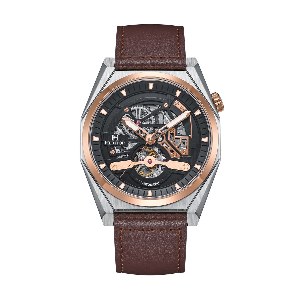 Automatikuhr mit Skelettzifferblatt und Lederarmband