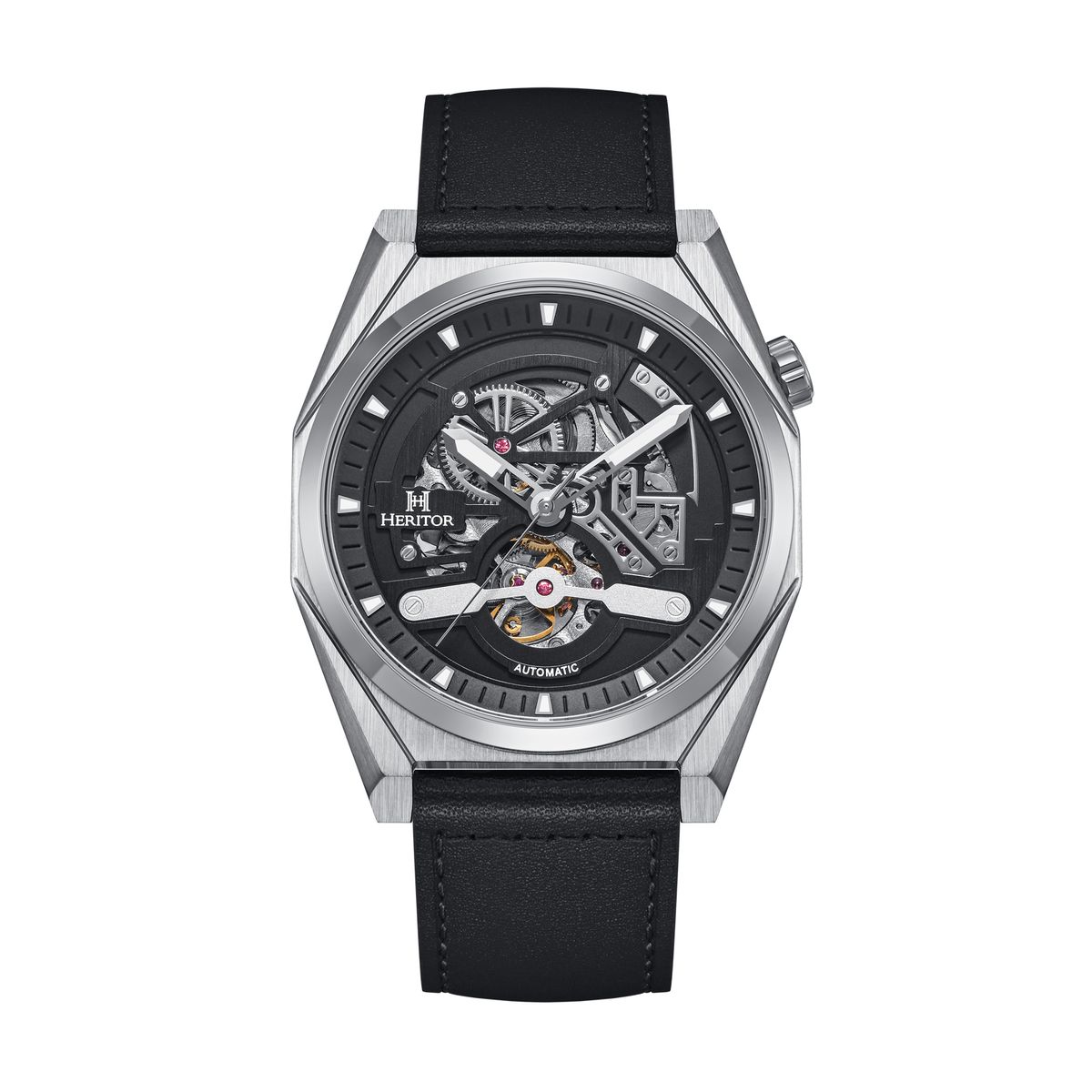 Automatikuhr mit Skelettzifferblatt und Lederarmband