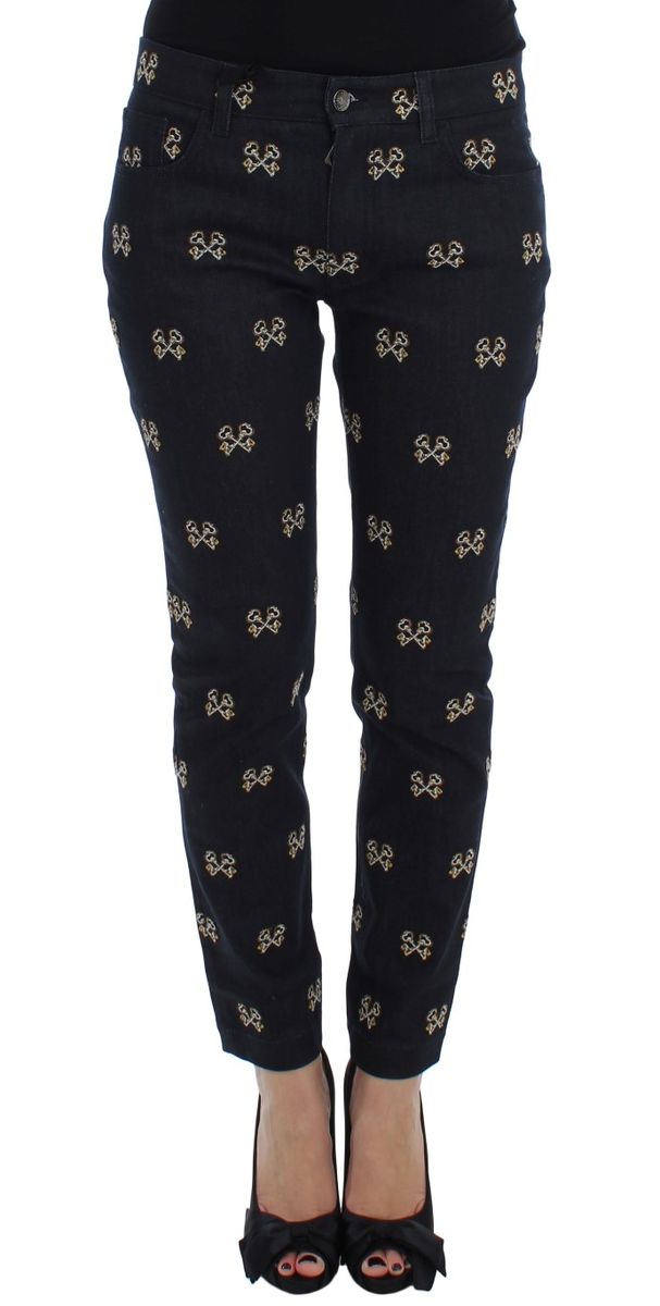 Figurbetonte Jeans mit Schlüssel-Stickerei