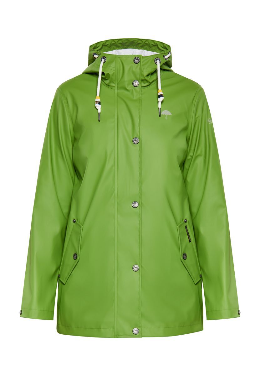 Grüne Regenjacke mit Kapuze und Taschen