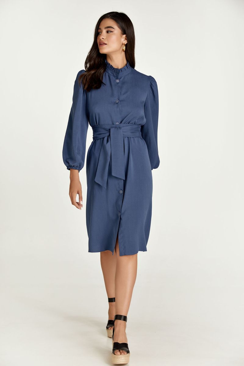 Gürtel-Midi-Hemdkleid mit langen Ärmeln