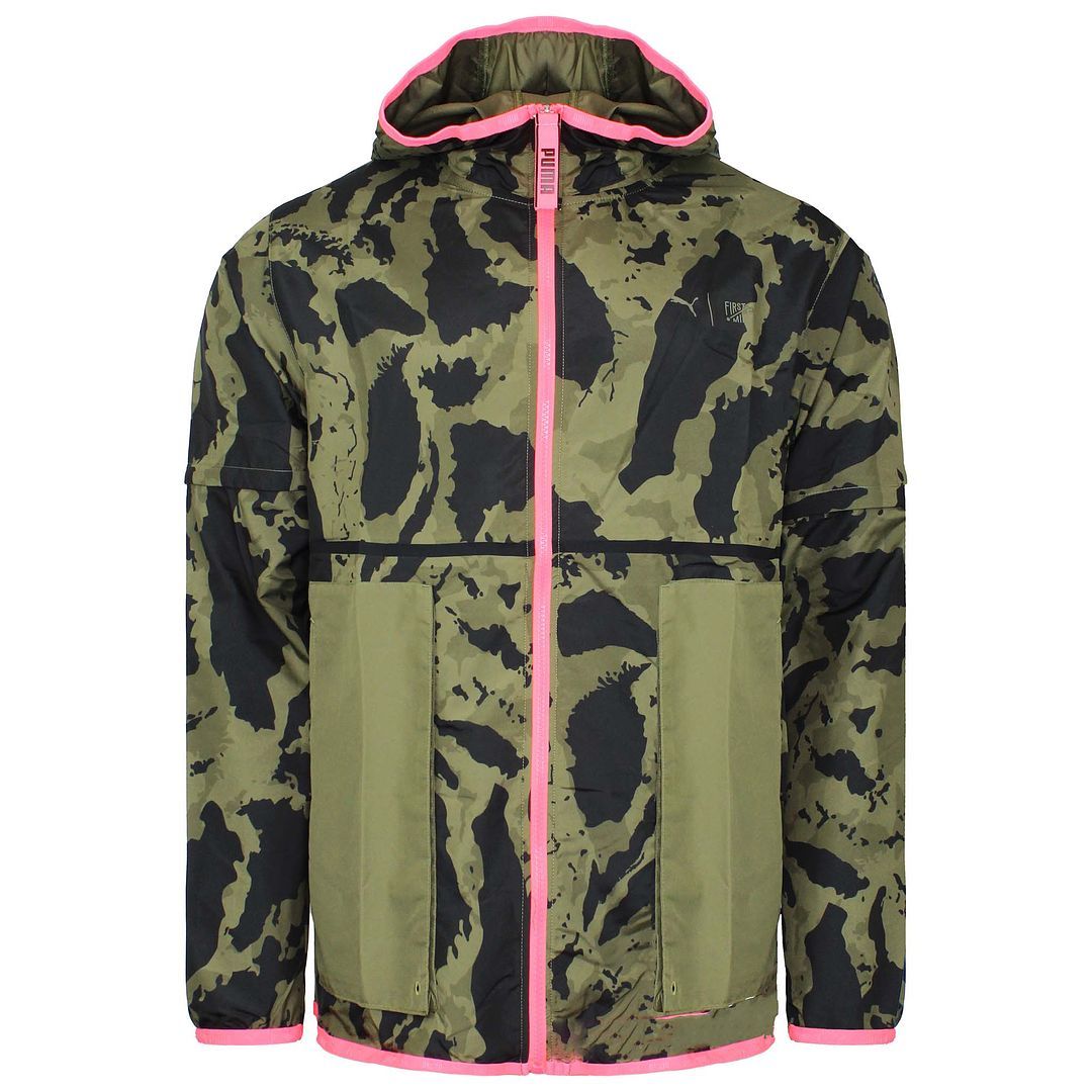 Grüne Camo Windbreaker Jacke mit pinkfarbenem Rand