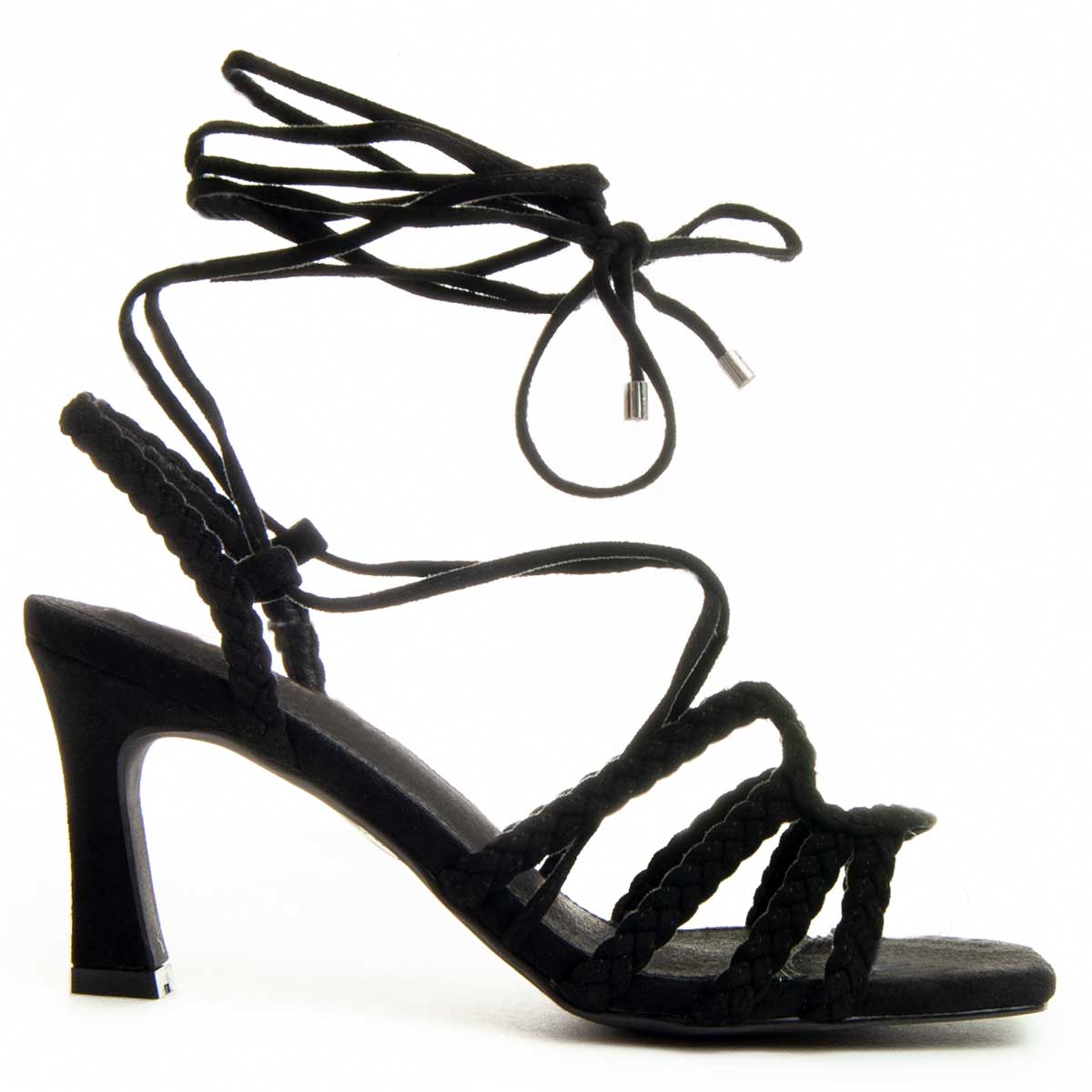 Schwarze geflochtene Riemchensandalette mit Absatz