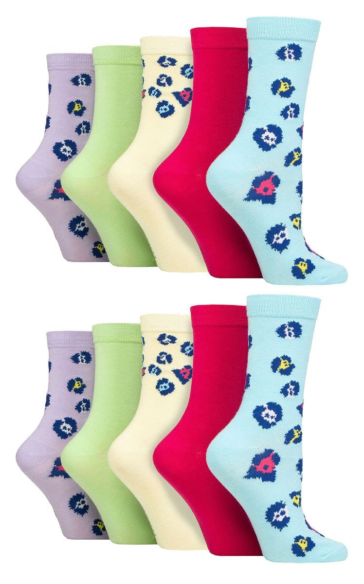 Wildfeet - 10er Pack Damen Bambus Crew Socken mit Punkten, Leoparden- und Blumenmuster - Multicolour