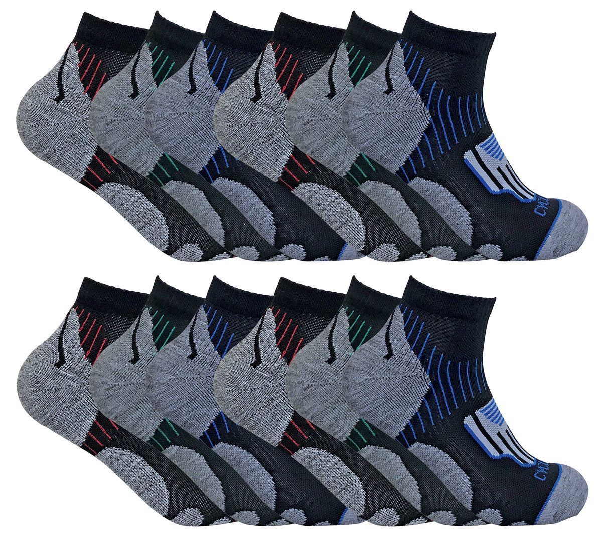 12 Paar Multipack Herren-Radsport-Socken | Sock Snob | Schwarze Low Cut Socken | Ideal für Laufen, Fitnessstudio & Sport - Schwarz