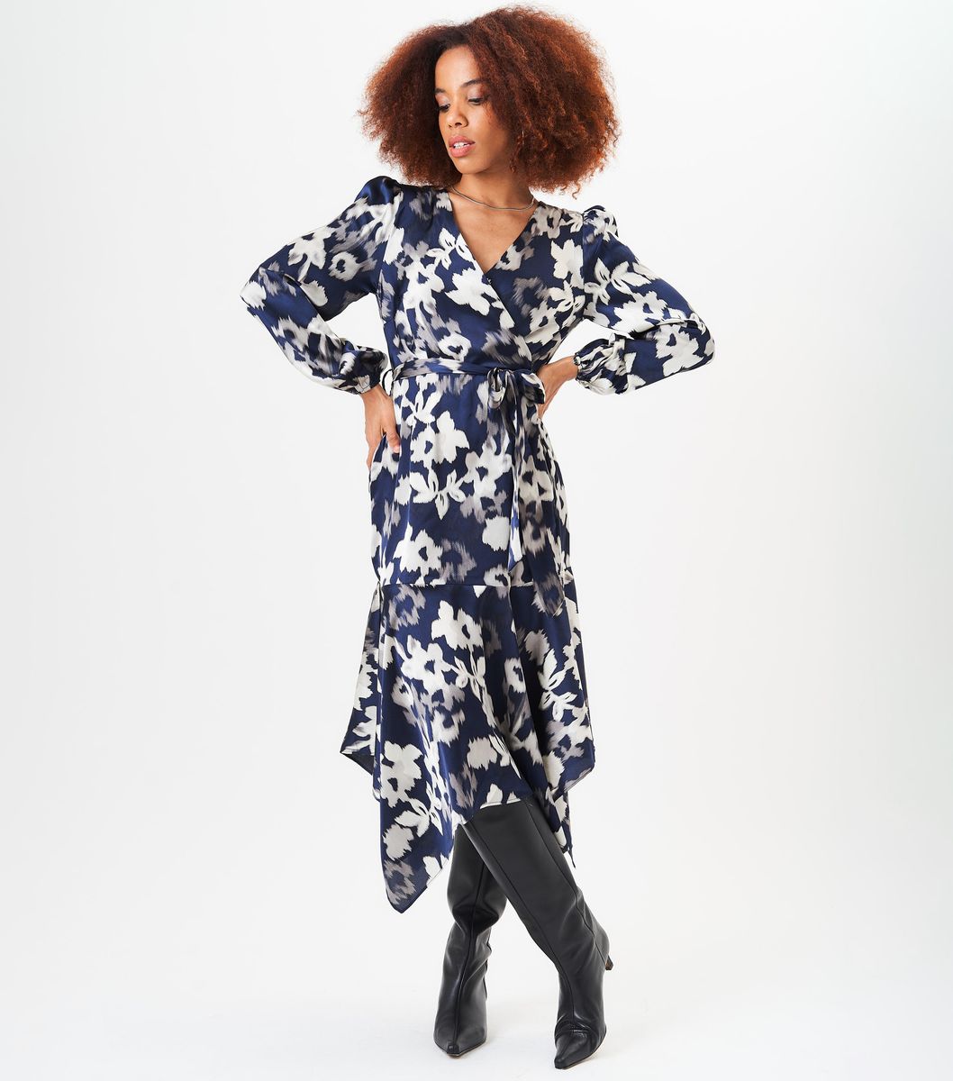 Asymmetrisches Wickel-Midikleid mit Blumenmuster