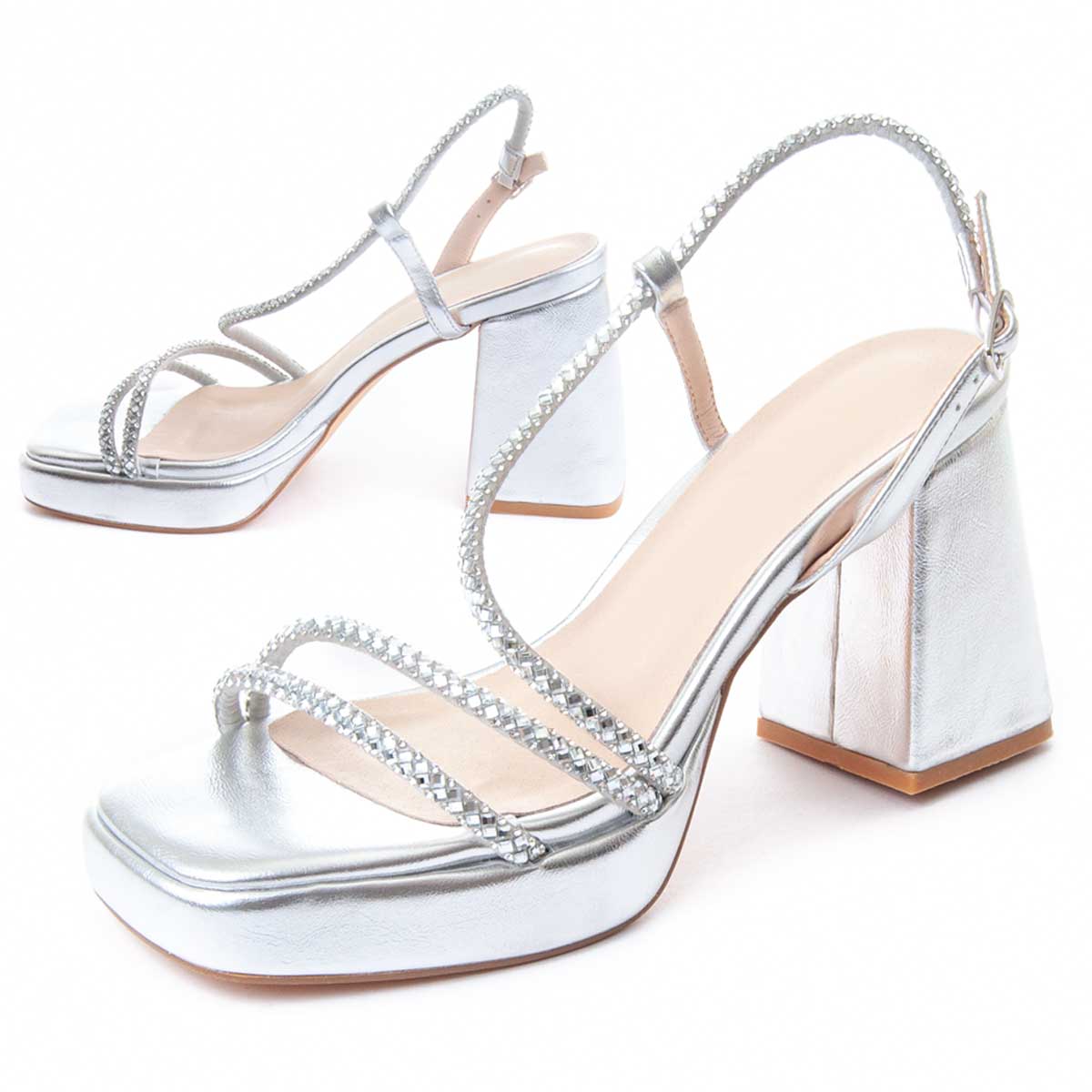 Silberne Plateau-Sandalen mit Absatz