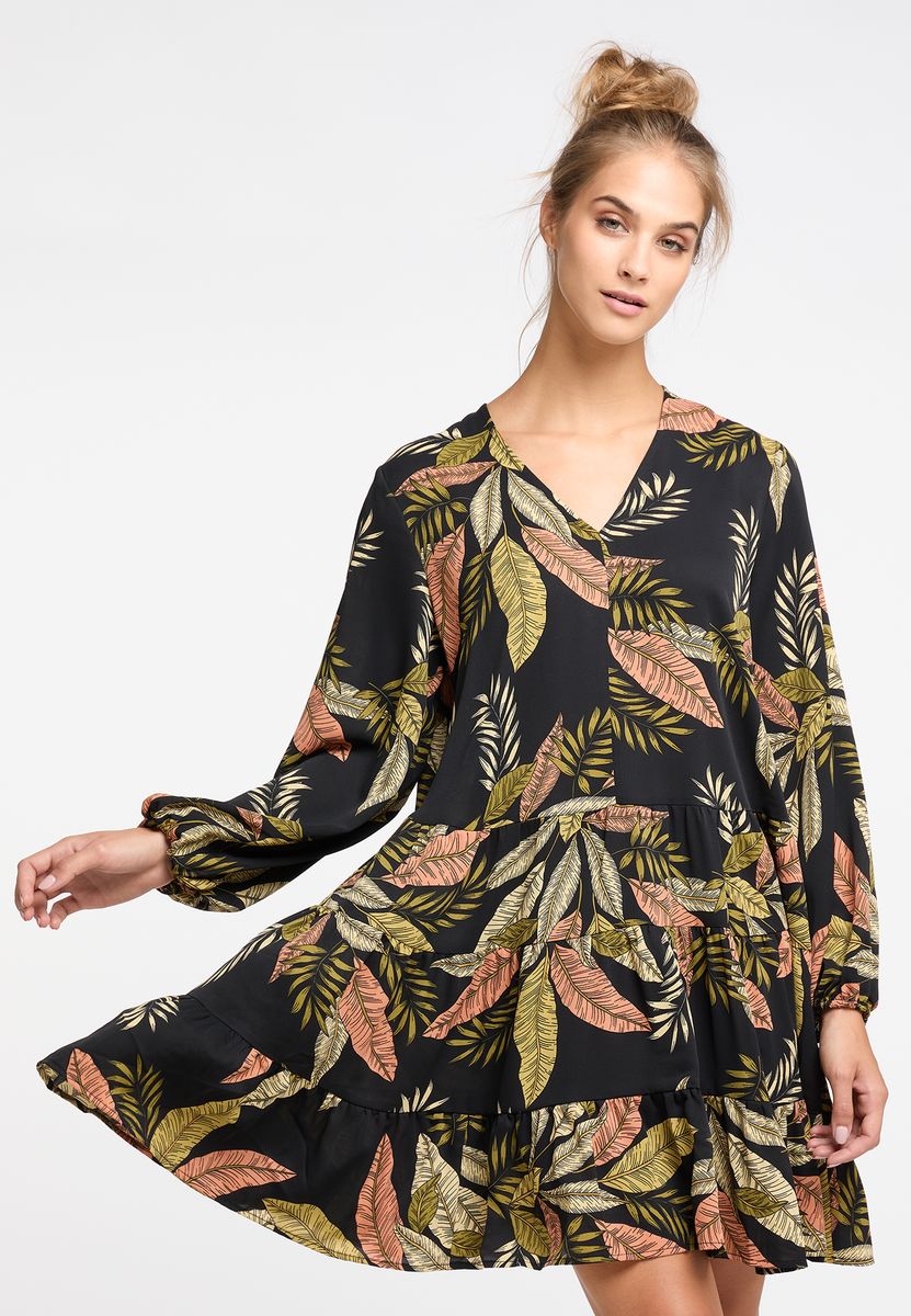 Gestuftes Kleid mit Tropenmuster