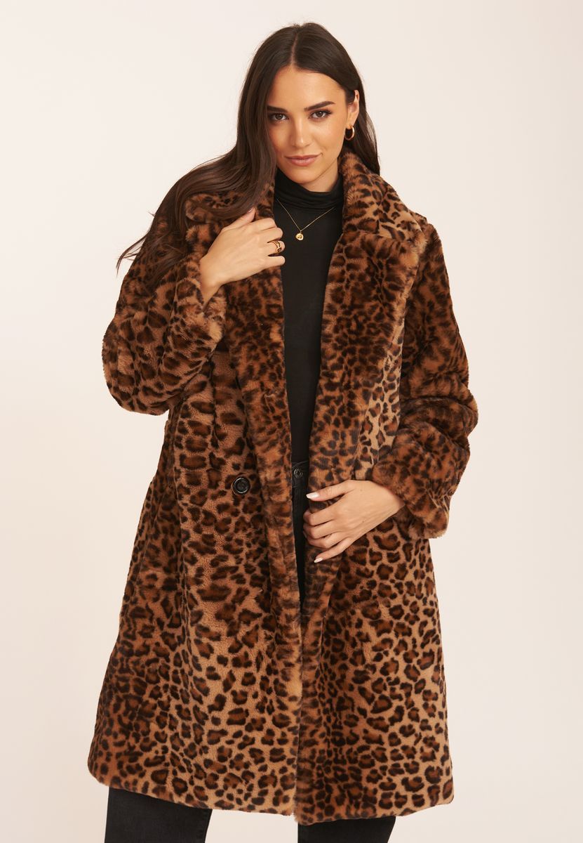 Leopardenmuster Fake Fur Mantel