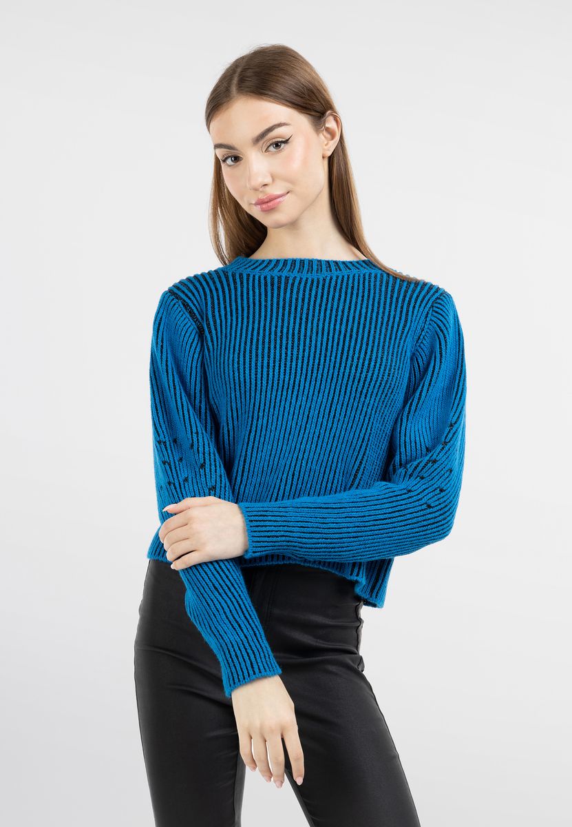 Funkelnder Rippstrickpullover mit Rundhalsausschnitt