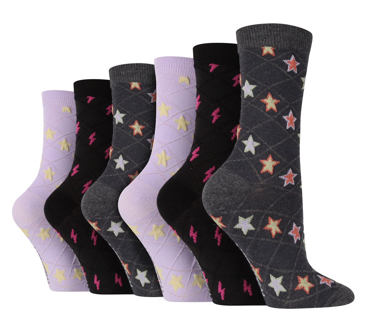 6 Paar Multipack Damen Herbst Socken | Wildfeet | Cute Novelty Design gestrickt Boot Socken - Sterne