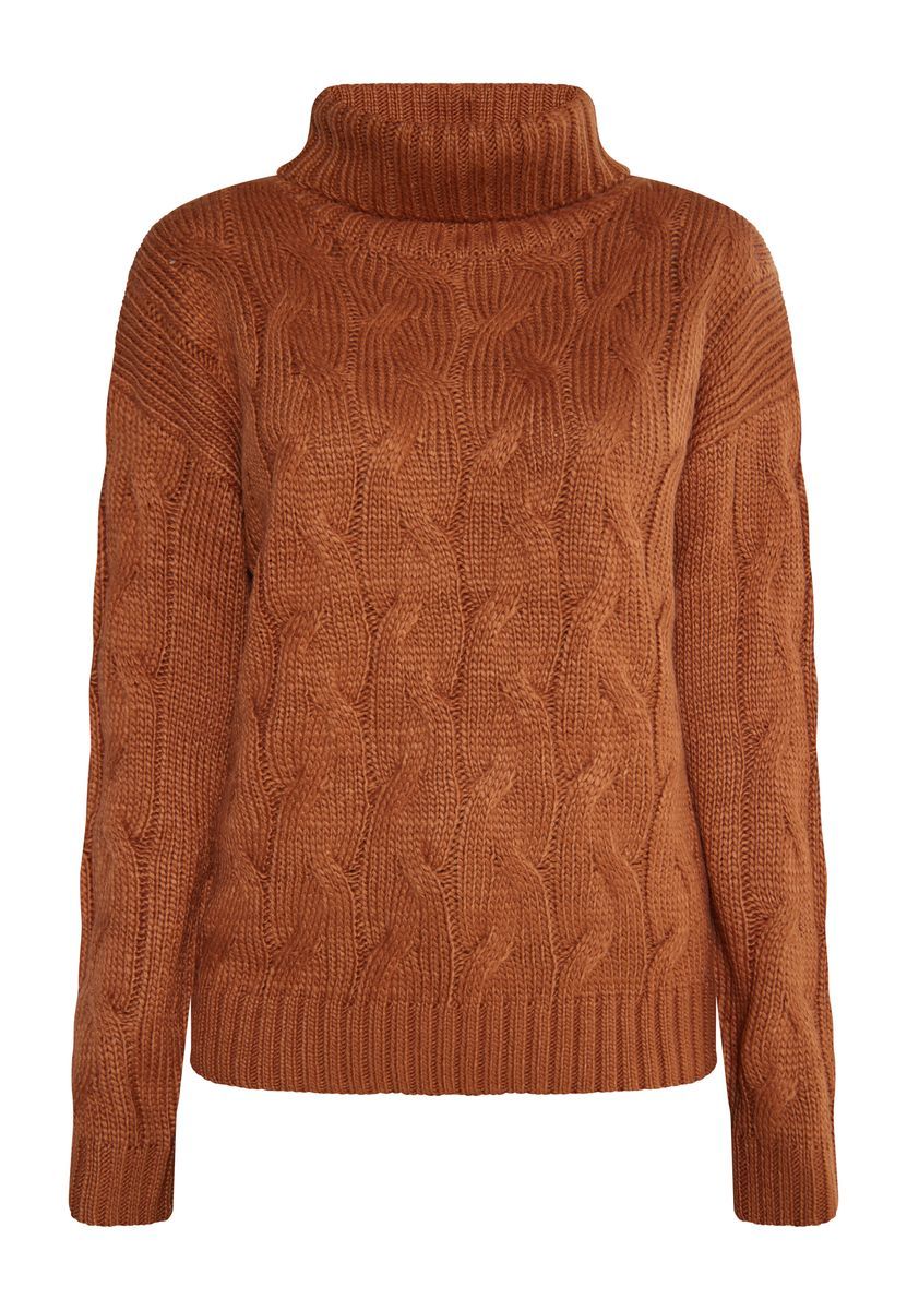 Hellbrauner Zopfmuster-Rollkragenpullover