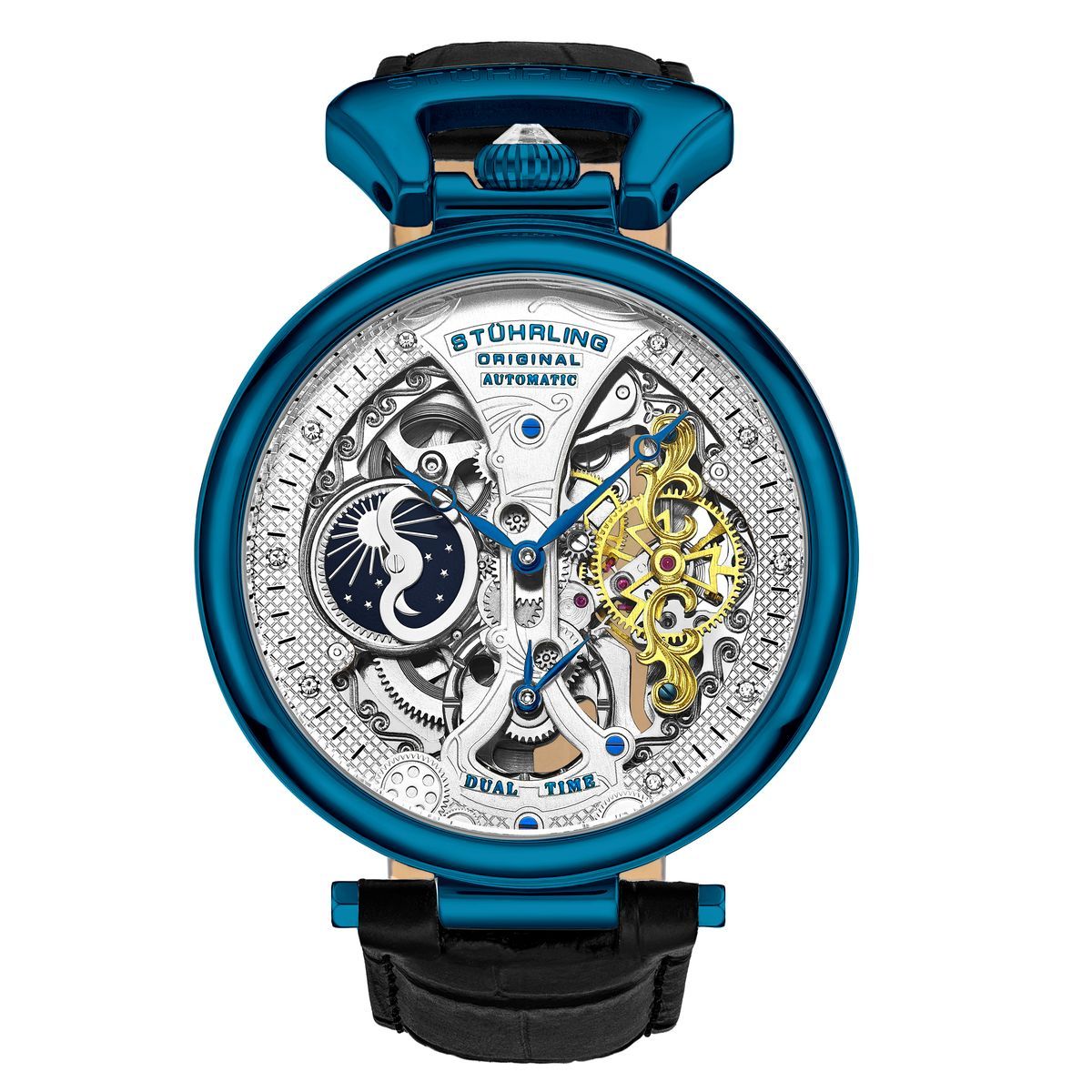 Blaue Automatikuhr mit skelettiertem Zifferblatt
