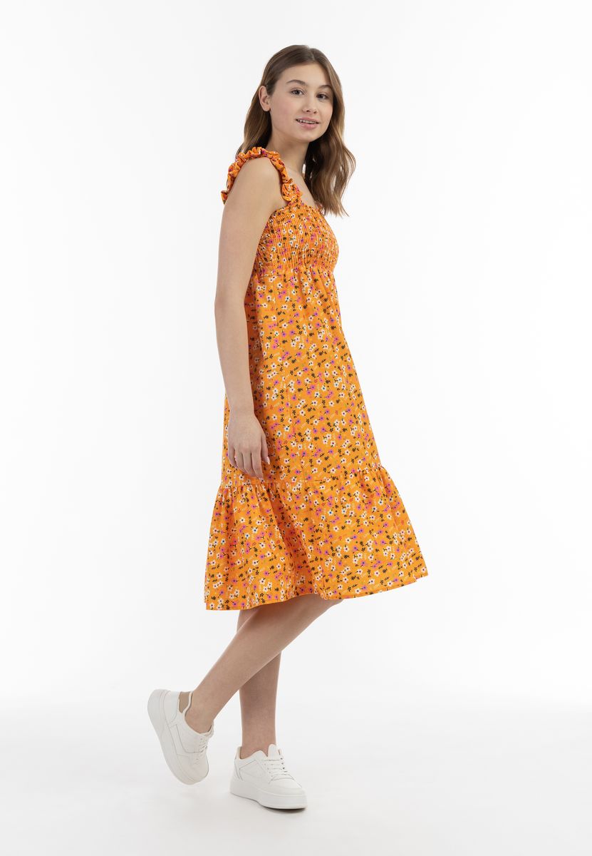 Gesmoktes Midikleid mit Blumenmuster und Volants