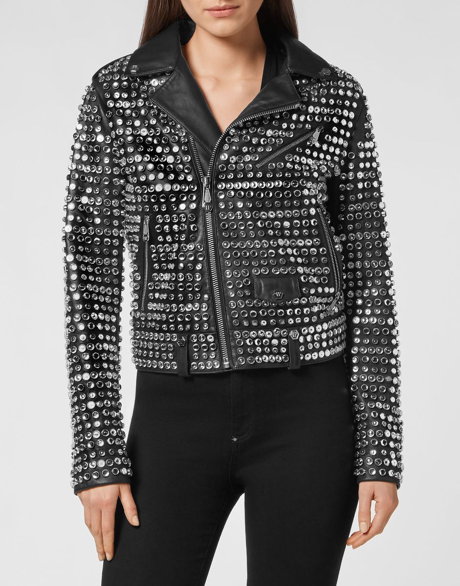 Leder Biker-Jacke mit Schmucksteinen