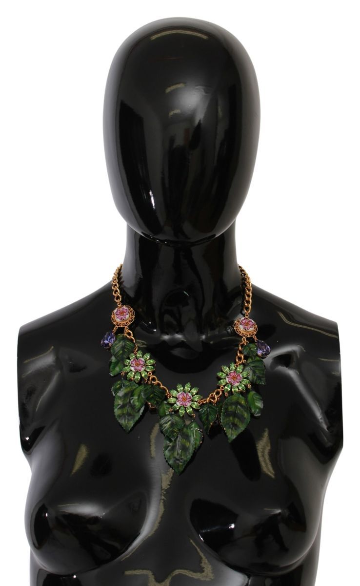 Dolce & Gabbana Green Feuilles en laiton doré Collier de fleur de cristal en laiton
