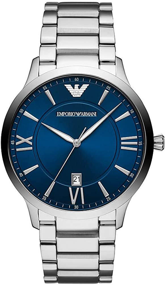 Elegante silberfarbene Uhr mit blauem Zifferblatt