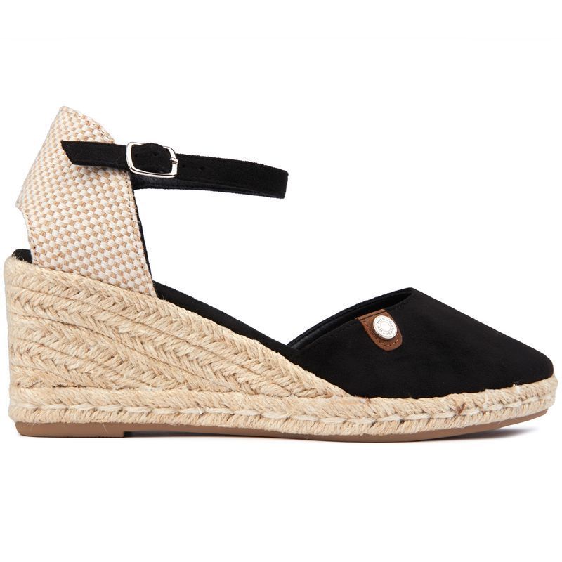 Schwarze Espadrille-Sandalette mit Keilabsatz und Knöchelriemen