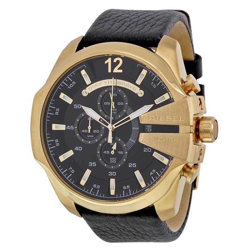 Goldfarbene Chronographenuhr mit schwarzem Lederarmband