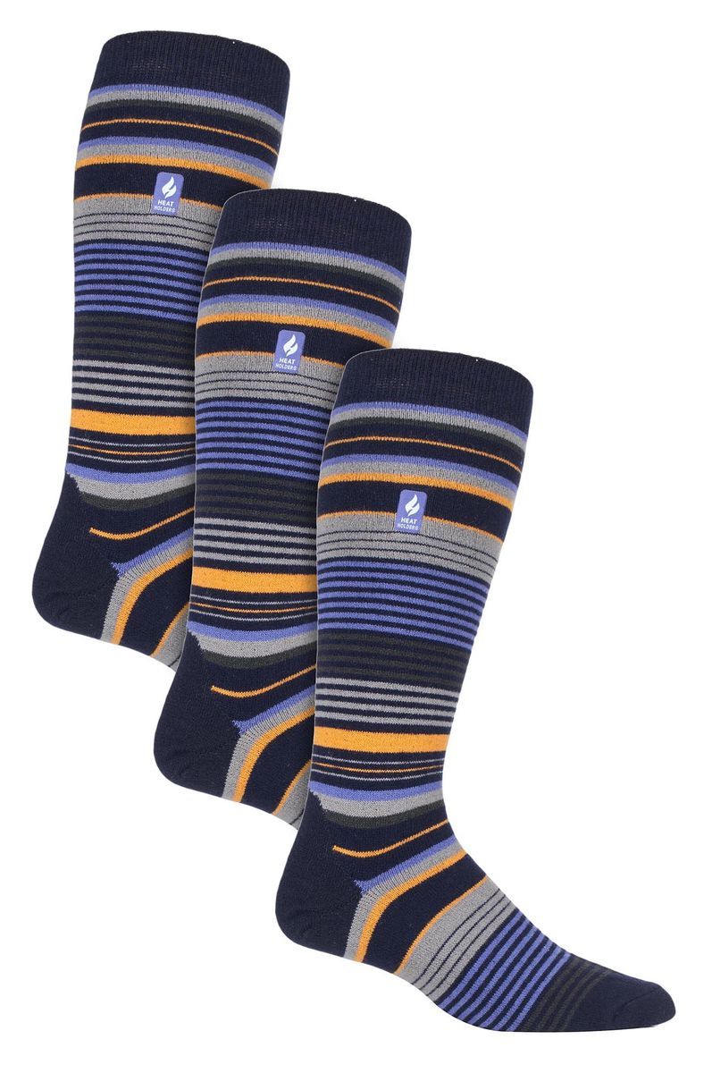 3 Paar Multipack Ultra Lite Herren Skisocken | Wärmehalter | Funky Patterned Striped Knee High Socks - Dark Blue Stripe