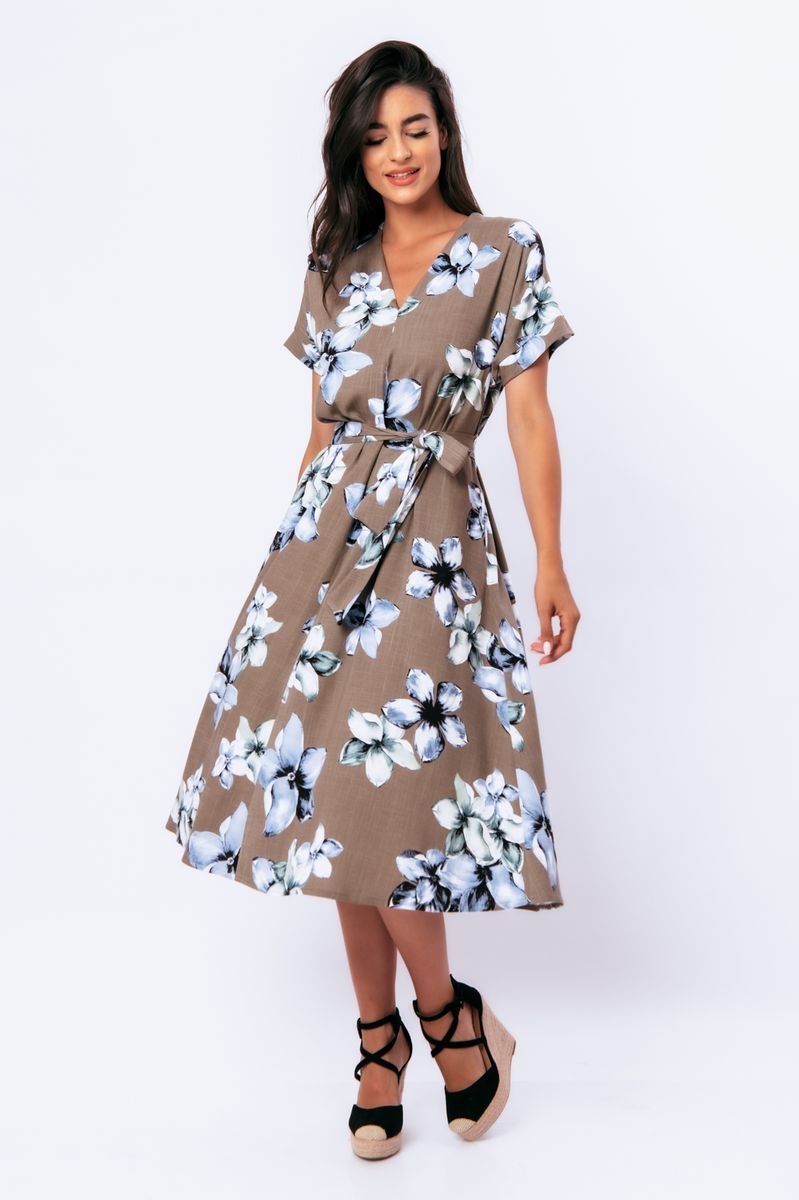 Midi-Kleid im Leinenstil mit Blumenmuster