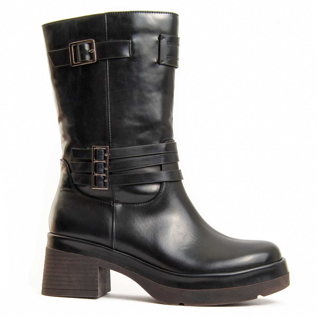 Schwarze Leder-Wadenhohe Motorradstiefel
