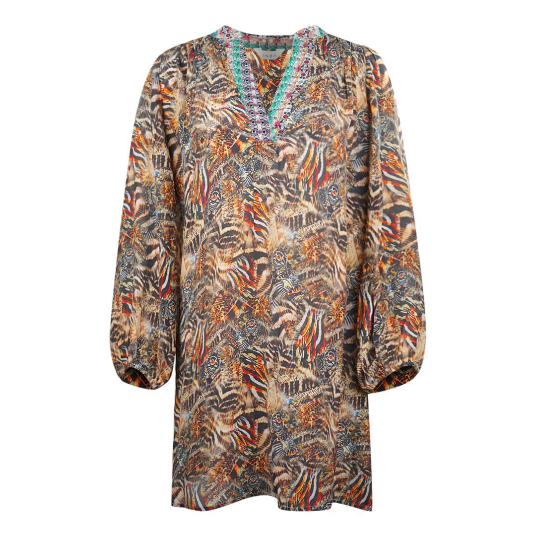 Bedrucktes Seidenkleid mit V-Ausschnitt und langen Ärmeln