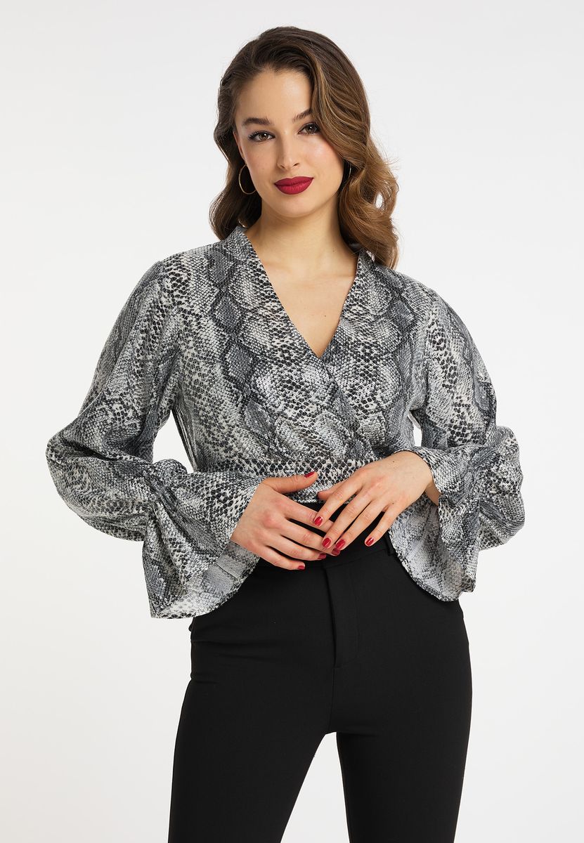 Wickelbluse mit Pailletten-Schlangenmuster