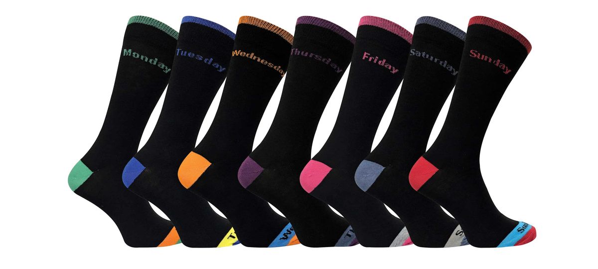 7er-Pack Herren Schwarz / Farbige Ferse und Spitze Tag der Woche Baumwollsocken