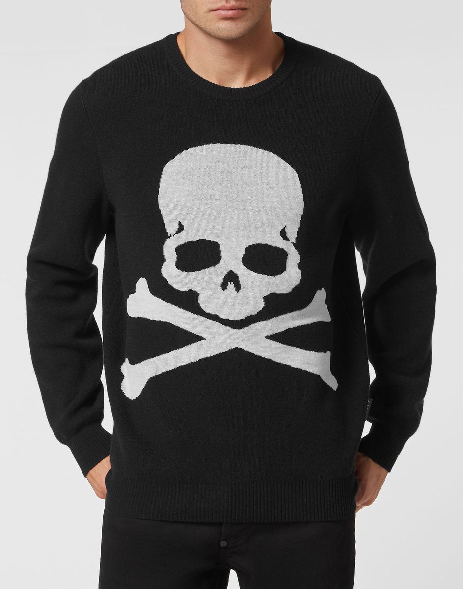 Wollstrickpullover mit Totenkopf und Knochen