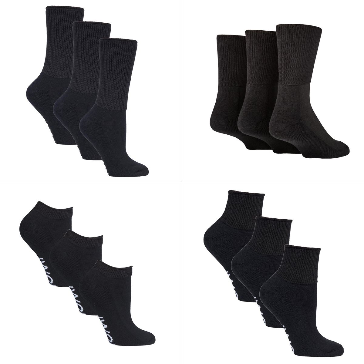 12 Paar Pack Diabetiker Socken ganzjährig Bundle Set | IOMI | Extra breite Socken für geschwollene Knöchel, Beine & Füße | Crew Ankle Trainer Diabetiker Socken in Baumwolle & Bambus - Schwarz