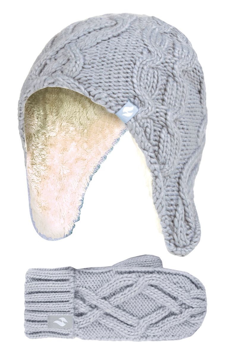 Wärmehalter - Mädchen Majestic Soft Cosy Kabel gestrickt Design Bobble Trapper Mütze und Handschuhe Handschuhe Set - Frost Grey
