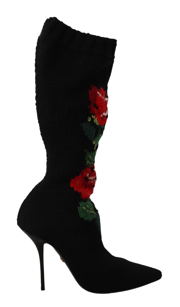 Dolce & Gabbana Schwarze Stretch-Socken Rote Rosen Stiefeletten Damenschuhe