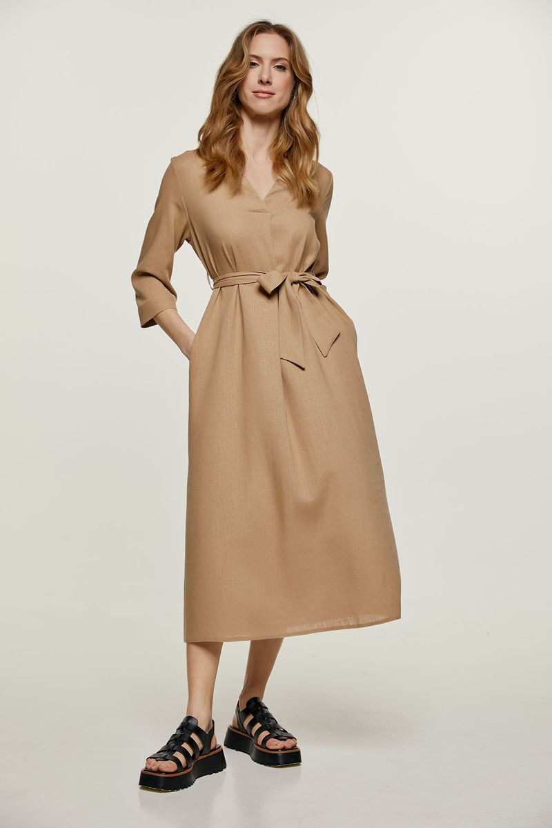 Leinen-Midikleid mit Gürtel