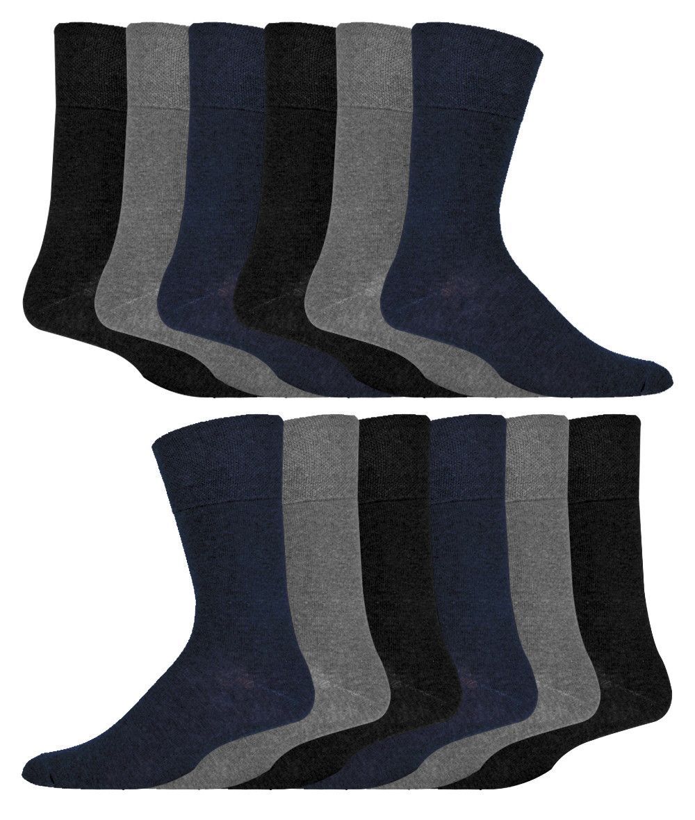 12 Paar Multipack Gentle Grip Top Diabetiker Socken | IOMI | Mid Calf Loose Top Non Elastic Cotton Socken mit Handlinked Seamless Toe - Schwarz / Navy / Grau