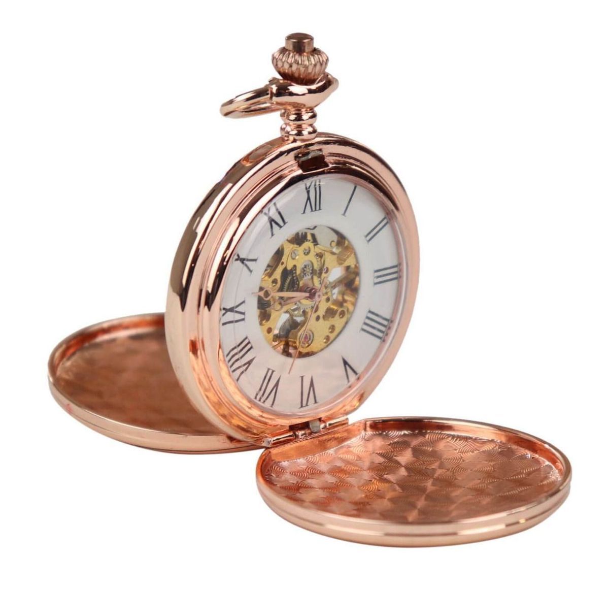 Roségoldene Skelett-Taschenuhr