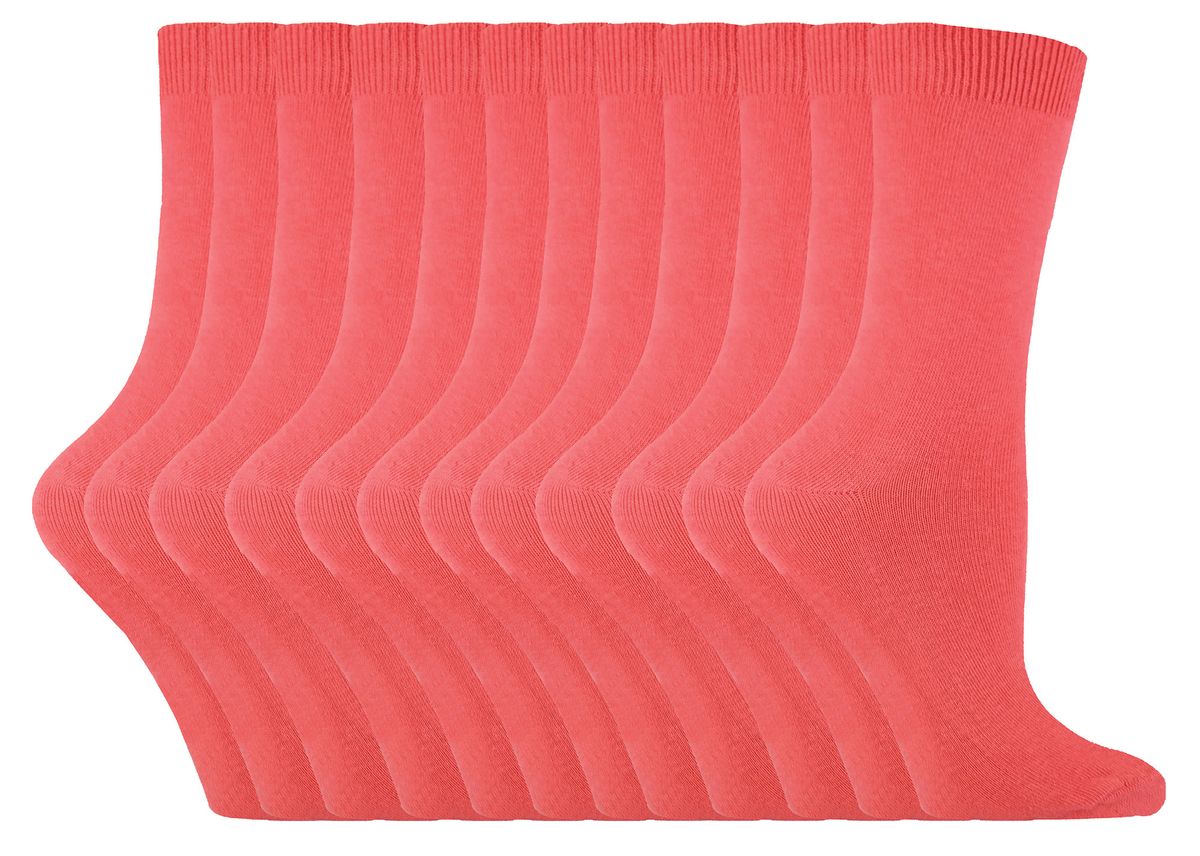 Einfarbige Damensocken mit hohem Baumwollanteil | 12 Paar Multipack | Socken-Snob | Dünne, bequeme, farbenfrohe Crew-Söckchen für Damen in Koralle