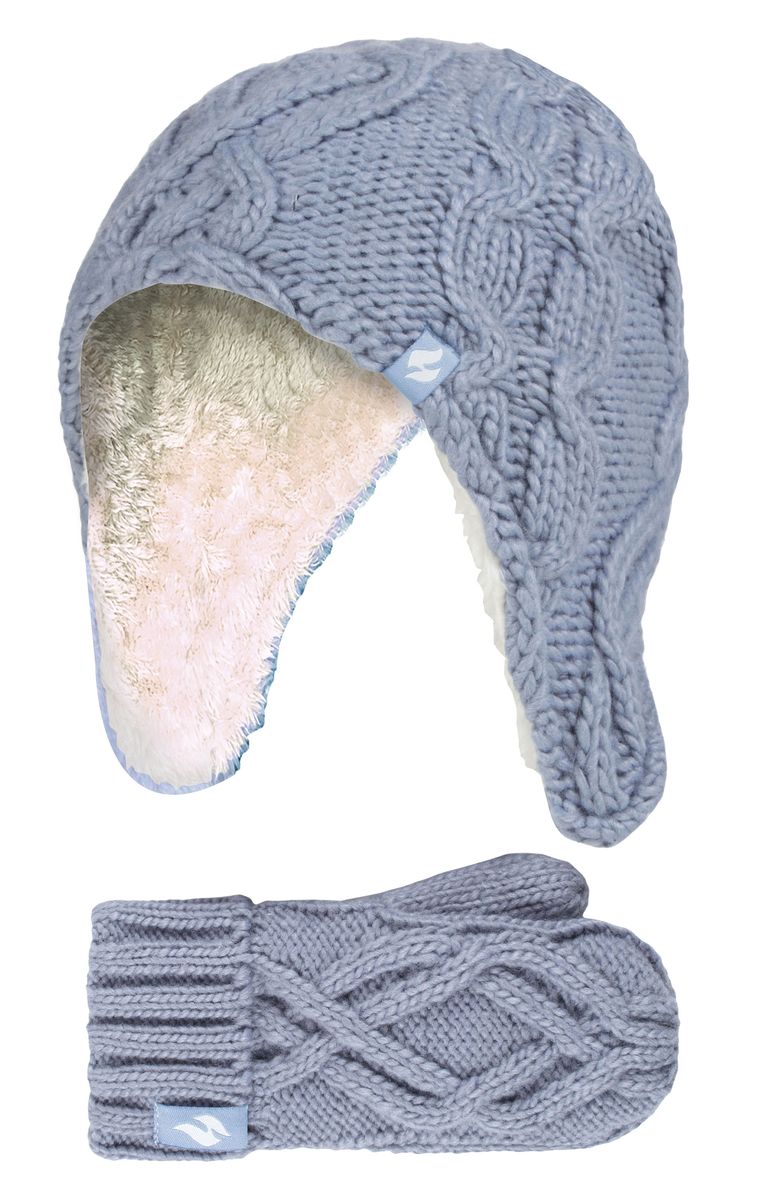 Wärmehalter - Mädchen Majestic Soft Cosy Kabel gestrickt Design Bobble Trapper Hut und Handschuhe Handschuhe Set - Dusty Blue