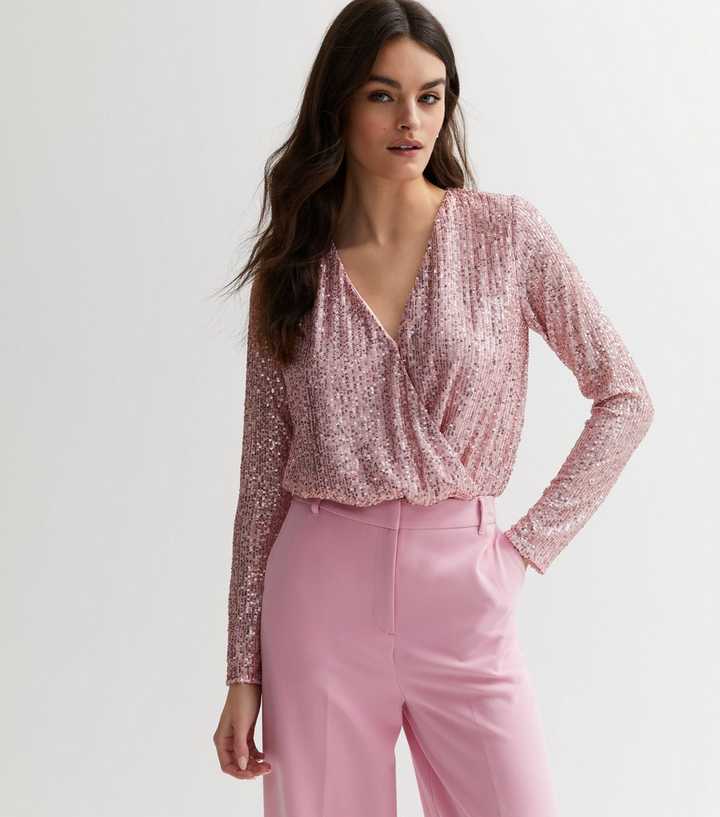 Langarm-Pailletten-Bodysuit mit Wickelausschnitt