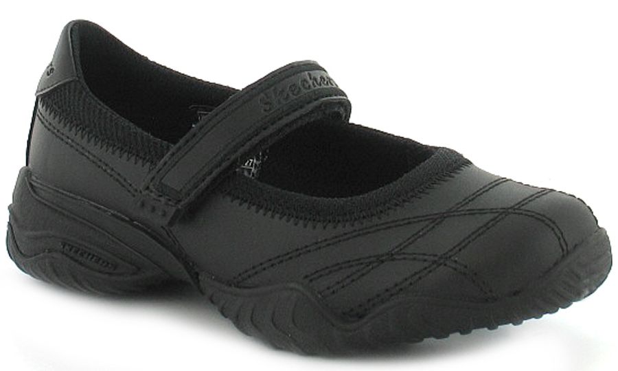 Neue Mädchen Schwarze Leder Skechers Schule Schuhe mit Klettverschluss