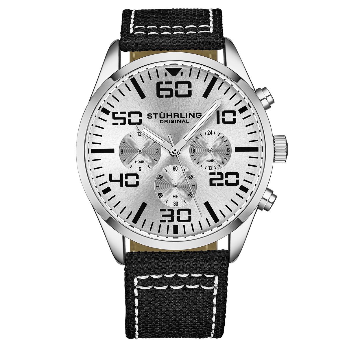 Silberner Chronograph mit schwarzem Canvas-Armband