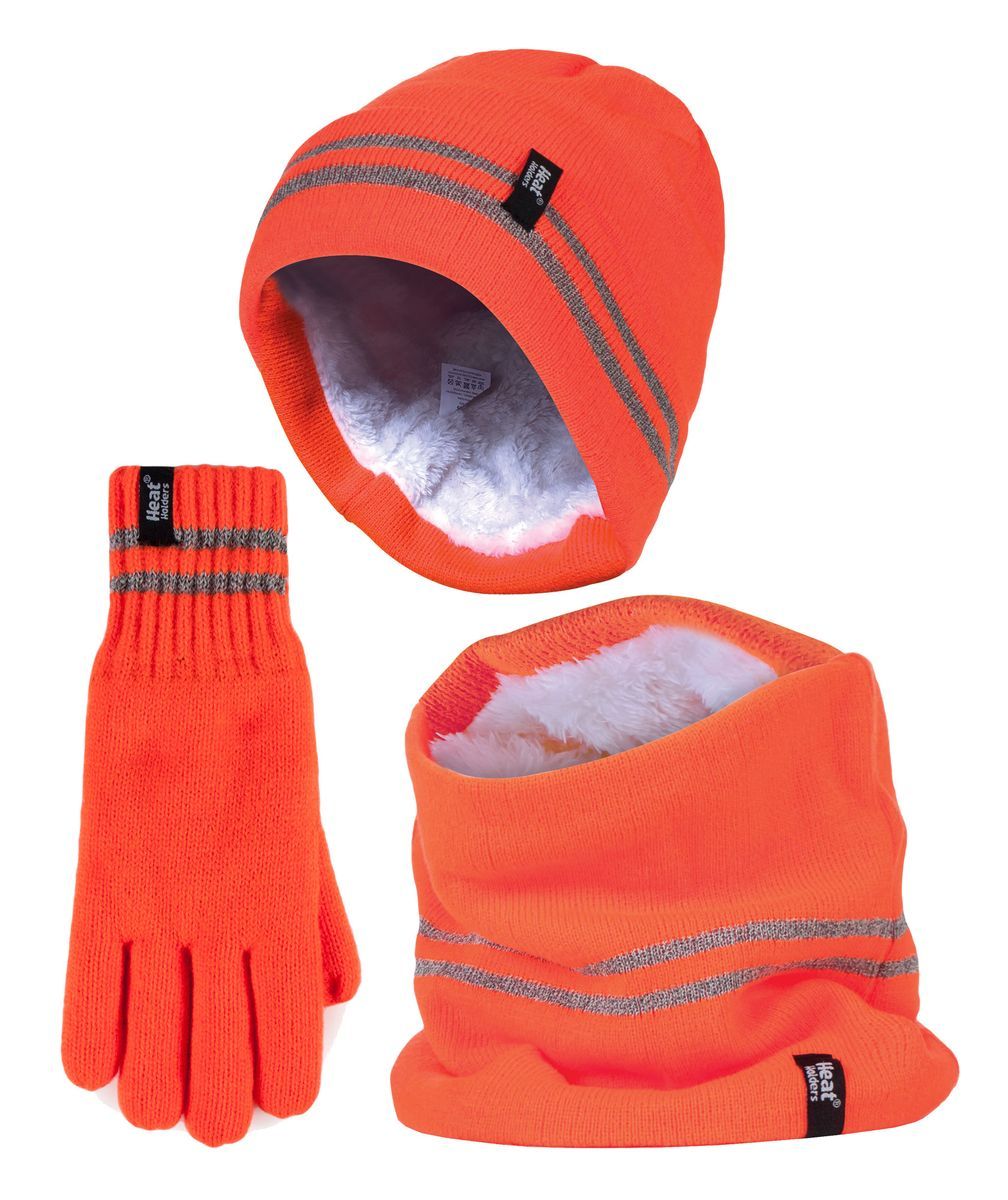 Hi Vis Mütze, Halswärmer & Handschuhe Set | Wärmehalter | Reflektierende Arbeitskleidung Set für extrem kaltes Wetter - Orange