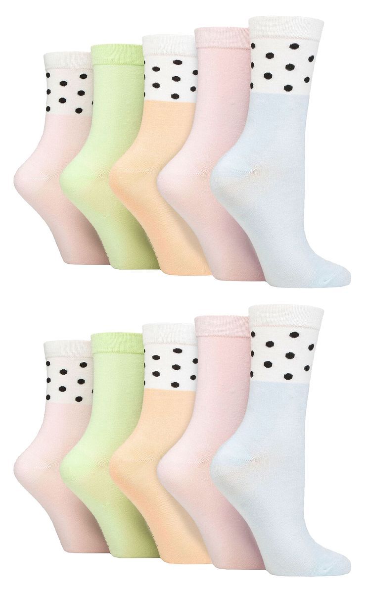 Wildfeet - 10er Pack Damen Bambus Crew Socken mit Punkten, Leoparden- und Blumenmuster - Spots Pastell