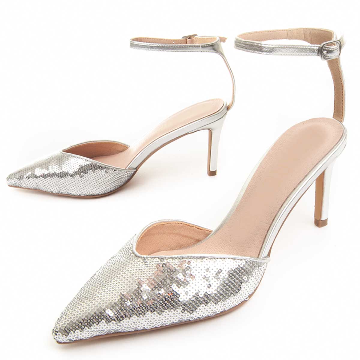 Pailletten-Pumps mit Knöchelriemen und Spitze