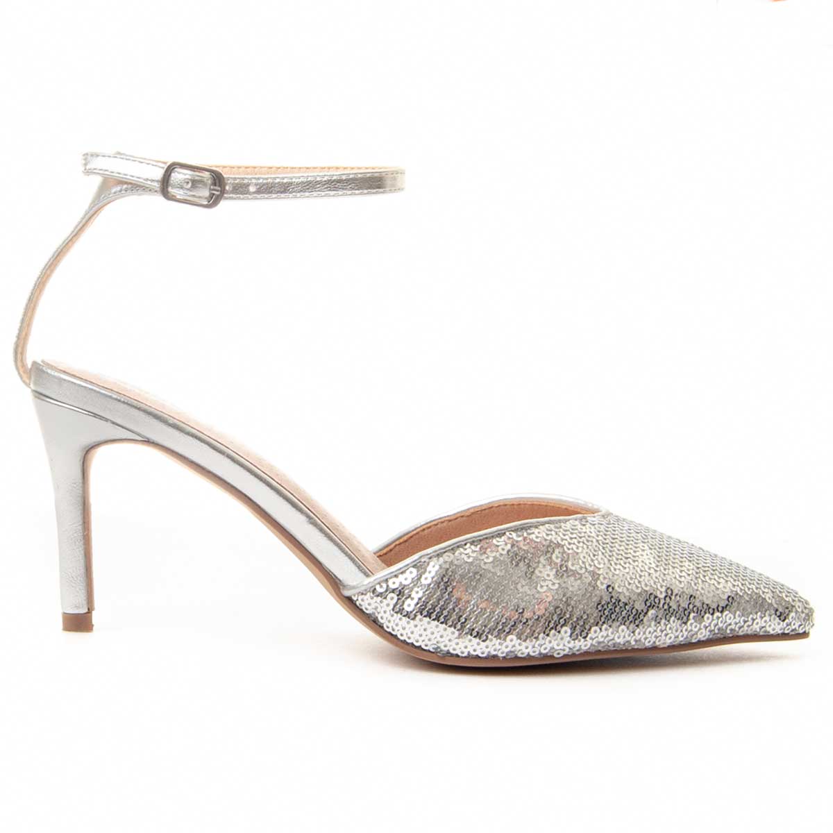 Pailletten-Pumps mit Fesselriemen und spitzer Kappe