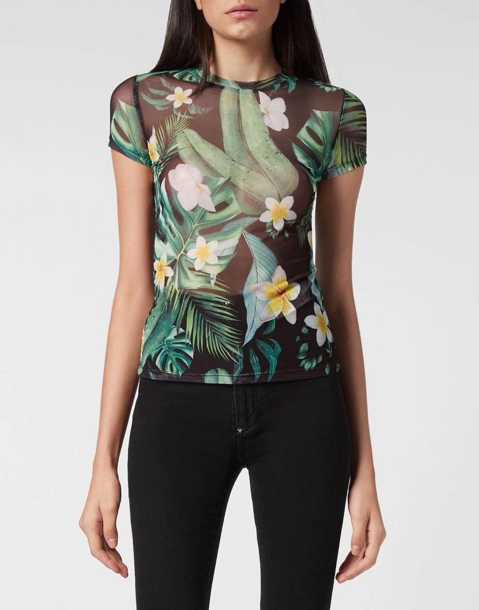 Tropisches Blumenmuster Mesh T-Shirt