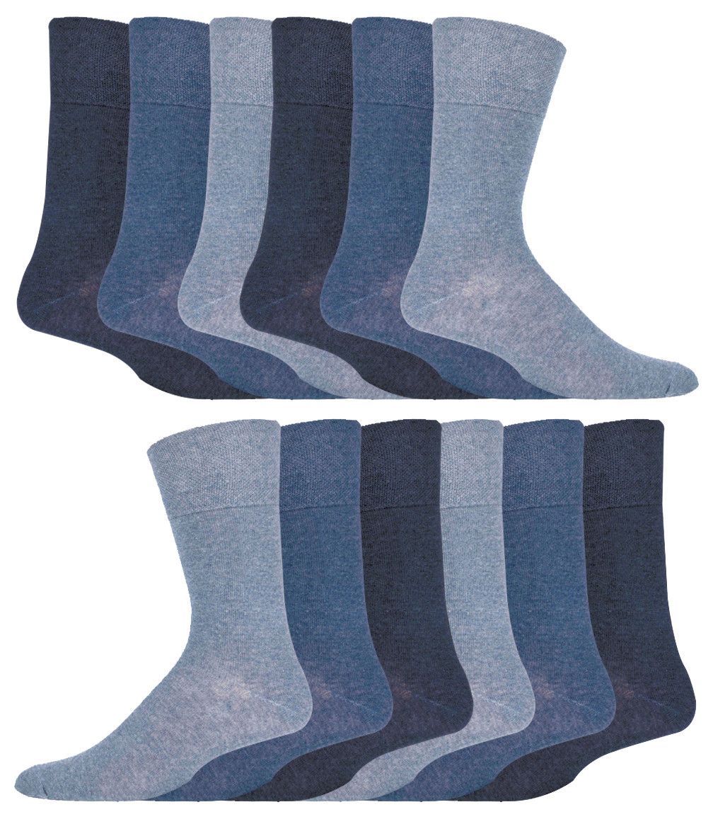 12 Paar Multipack Gentle Grip Top Diabetiker Socken | IOMI | Mid Calf Loose Top Non Elastic Cotton Socken mit Handlinked Seamless Toe - Blau
