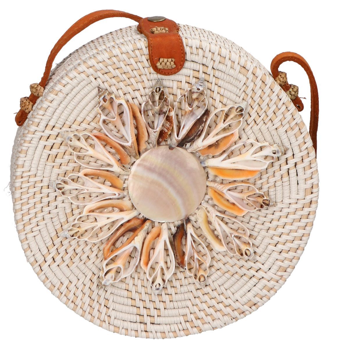 Handgeflochtene Rattan-Umhängetasche mit Muscheln